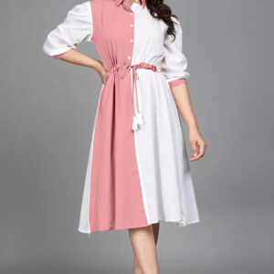 women pure cotton fit & flare dress with belt | colorblock knee length casual & party wear dress