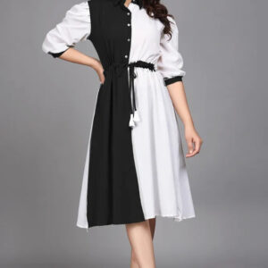 women pure cotton fit & flare dress with belt | colorblock knee length casual & party wear dress
