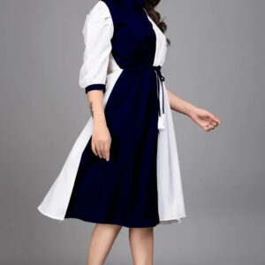 women pure cotton fit & flare dress with belt | colorblock knee length casual & party wear dress