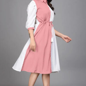 women pure cotton fit & flare dress with belt | colorblock knee length casual & party wear dress