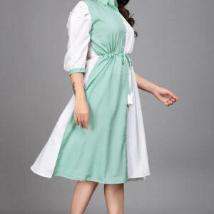 women pure cotton fit & flare dress with belt | colorblock knee length casual & party wear dress