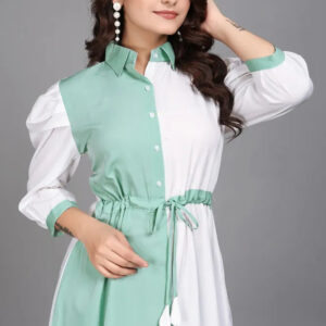 women pure cotton fit & flare dress with belt | colorblock knee length casual & party wear dress