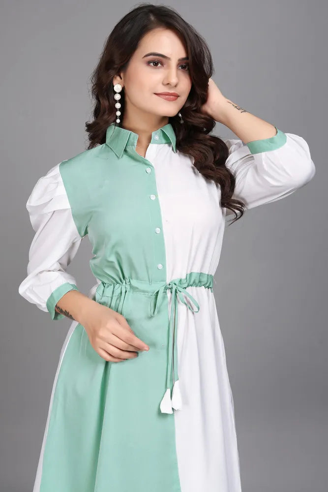 women pure cotton fit & flare dress with belt | colorblock knee length casual & party wear dress