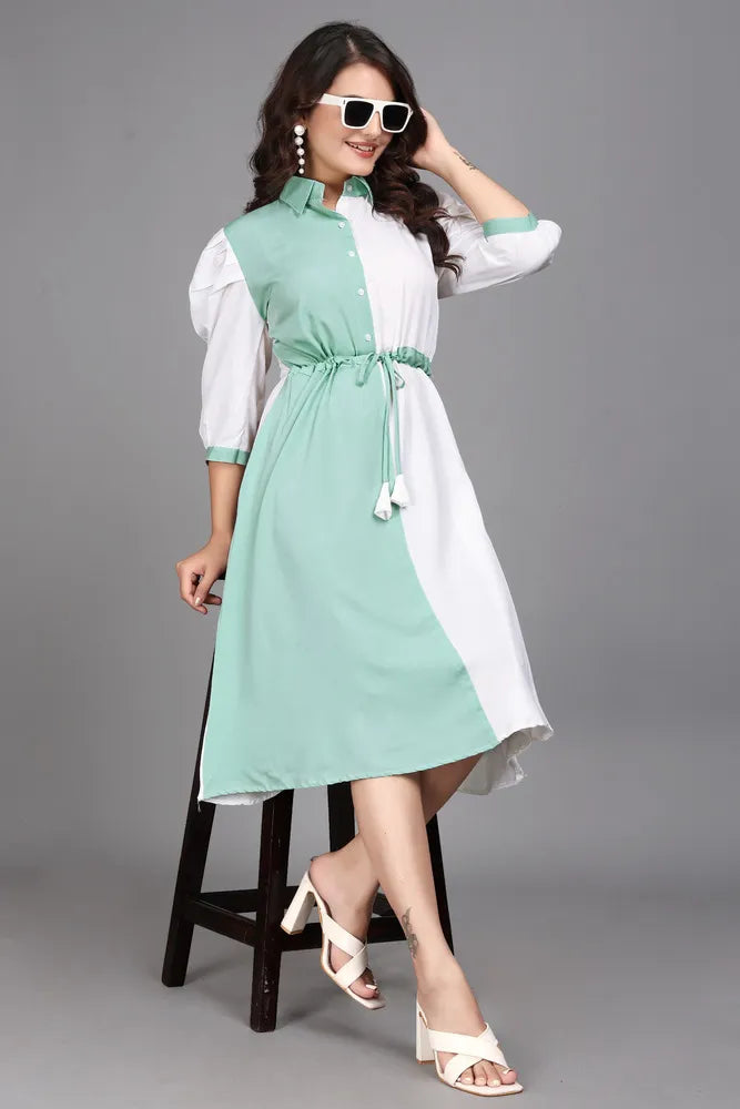 women pure cotton fit & flare dress with belt | colorblock knee length casual & party wear dress