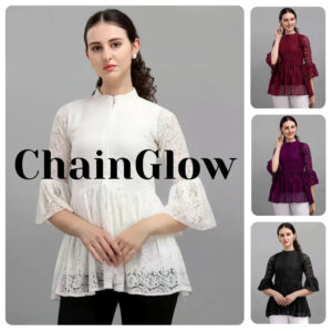 women's net top with inner – stylish bell sleeve, chain round neck, hip length