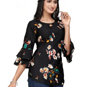 multi colour printed crepe top with bell sleeves & keyhole neck – stylish casual & party wear