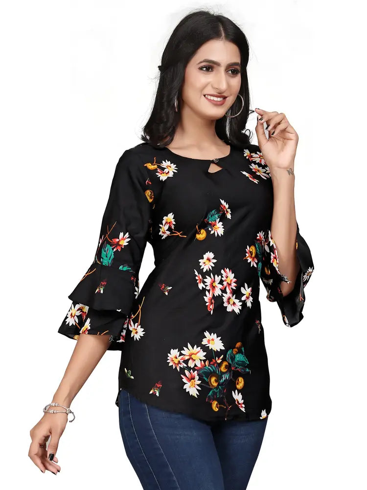 multi colour printed crepe top with bell sleeves & keyhole neck – stylish casual & party wear