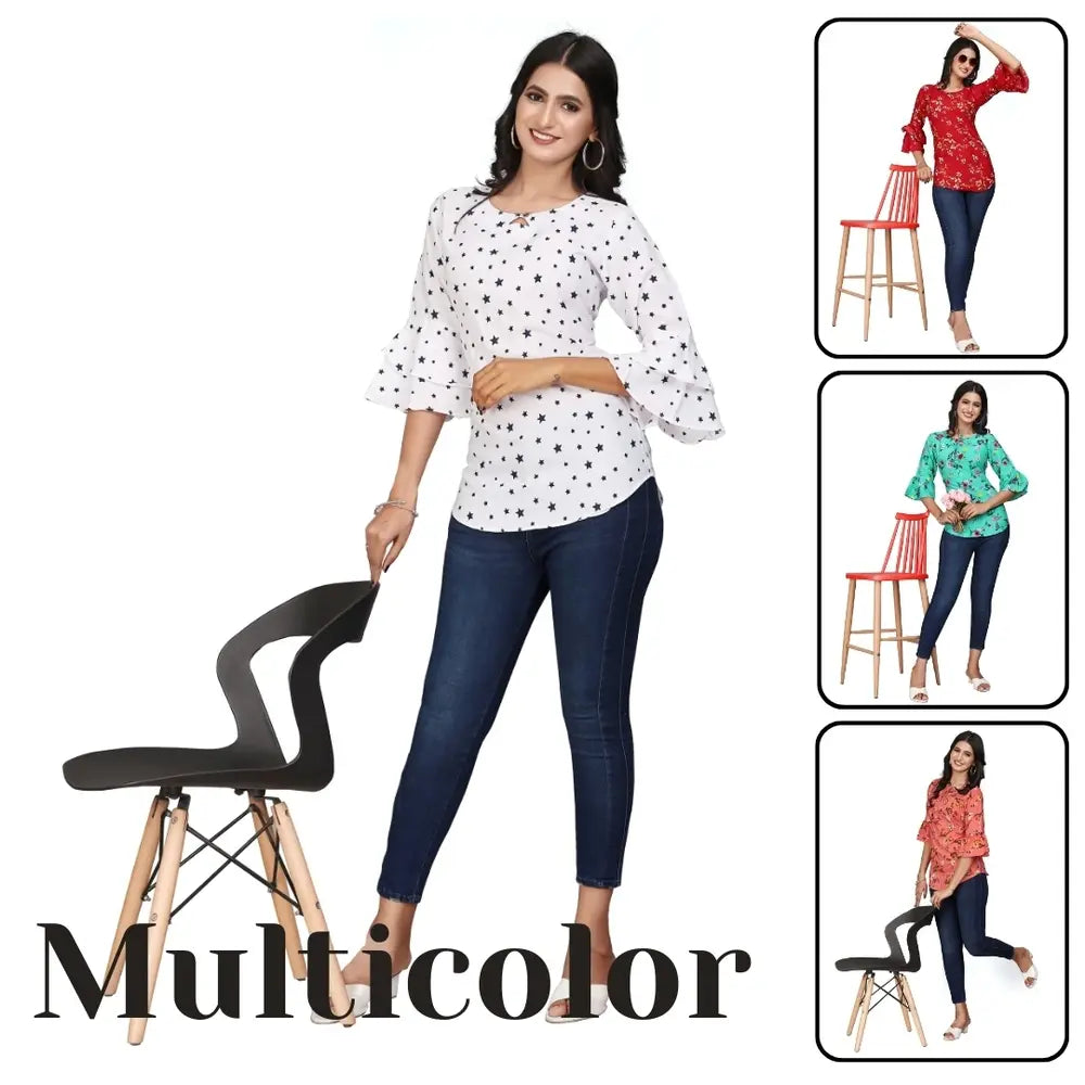 multi colour printed crepe top with bell sleeves & keyhole neck – stylish casual & party wear
