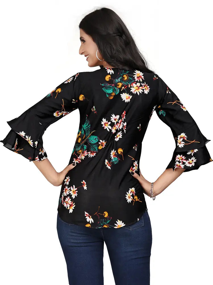 multi colour printed crepe top with bell sleeves & keyhole neck – stylish casual & party wear