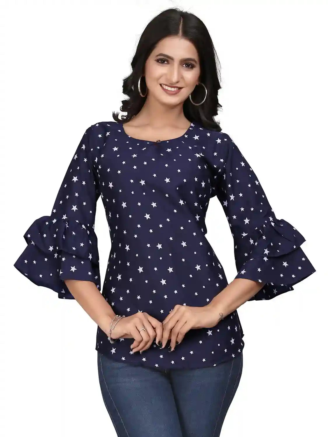 multi colour printed crepe top with bell sleeves & keyhole neck – stylish casual & party wear
