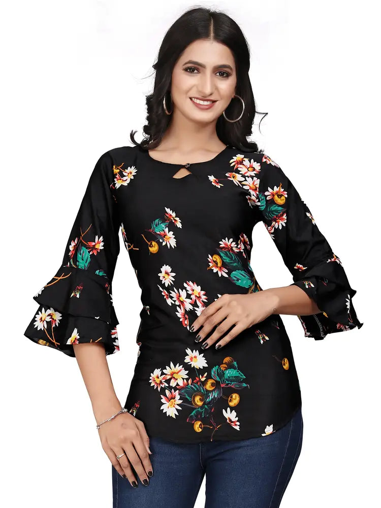multi colour printed crepe top with bell sleeves & keyhole neck – stylish casual & party wear