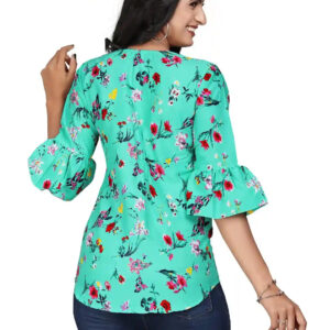 multi colour printed crepe top with bell sleeves & keyhole neck – stylish casual & party wear