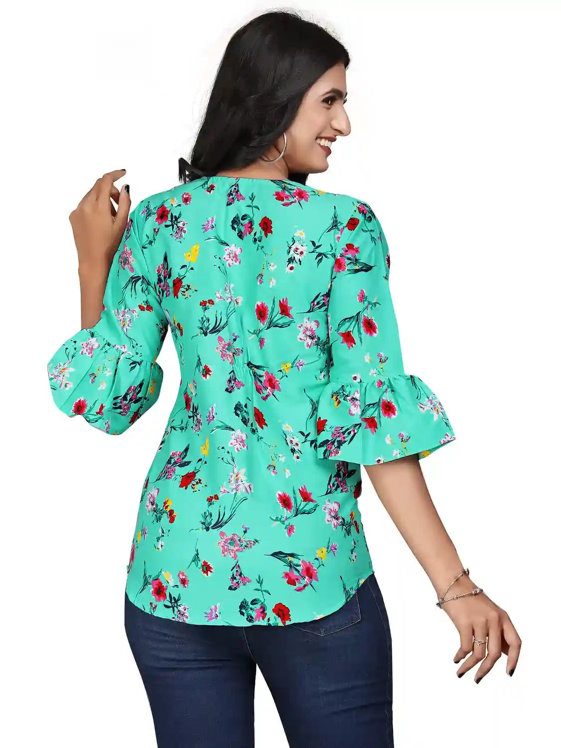 multi colour printed crepe top with bell sleeves & keyhole neck – stylish casual & party wear