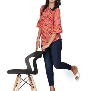 multi colour printed crepe top with bell sleeves & keyhole neck – stylish casual & party wear