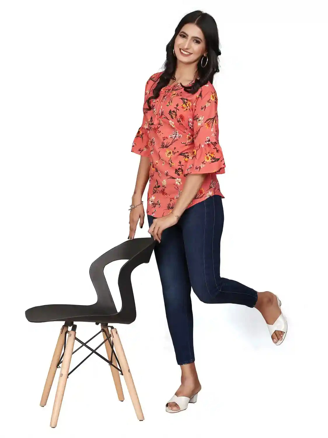 multi colour printed crepe top with bell sleeves & keyhole neck – stylish casual & party wear