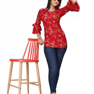 multi colour printed crepe top with bell sleeves & keyhole neck – stylish casual & party wear