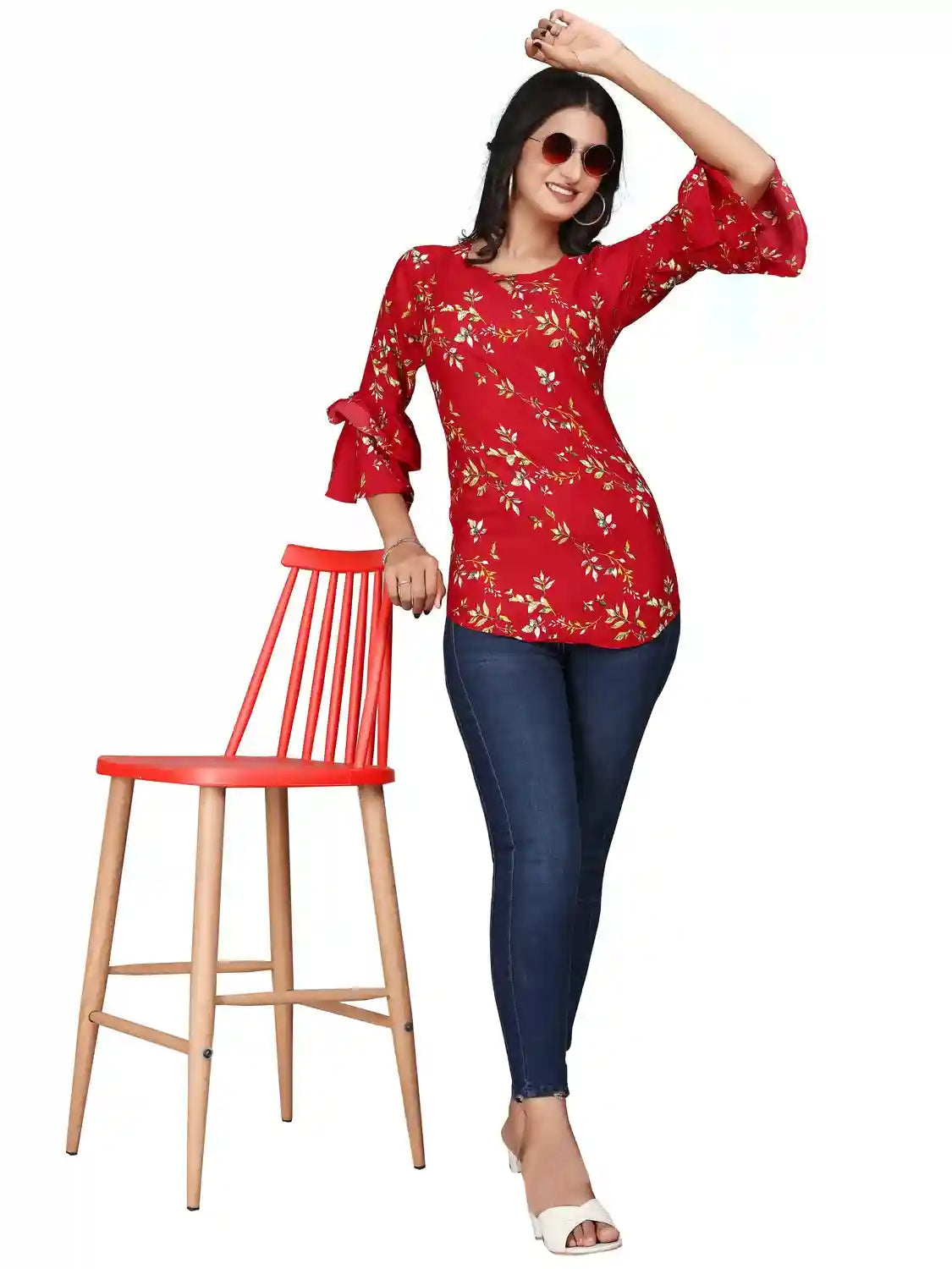 multi colour printed crepe top with bell sleeves & keyhole neck – stylish casual & party wear