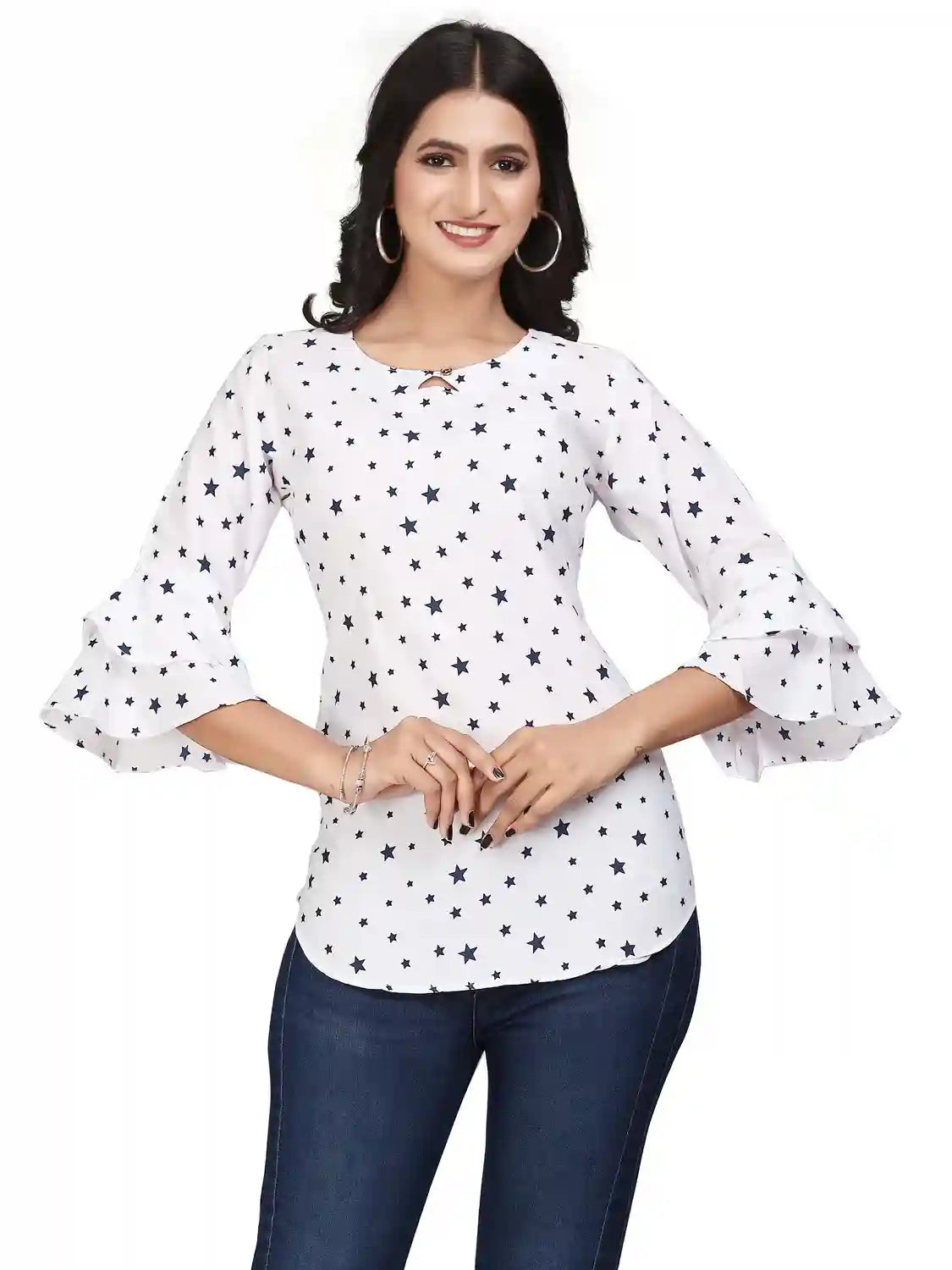 multi colour printed crepe top with bell sleeves & keyhole neck – stylish casual & party wear