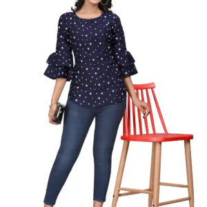 multi colour printed crepe top with bell sleeves & keyhole neck – stylish casual & party wear
