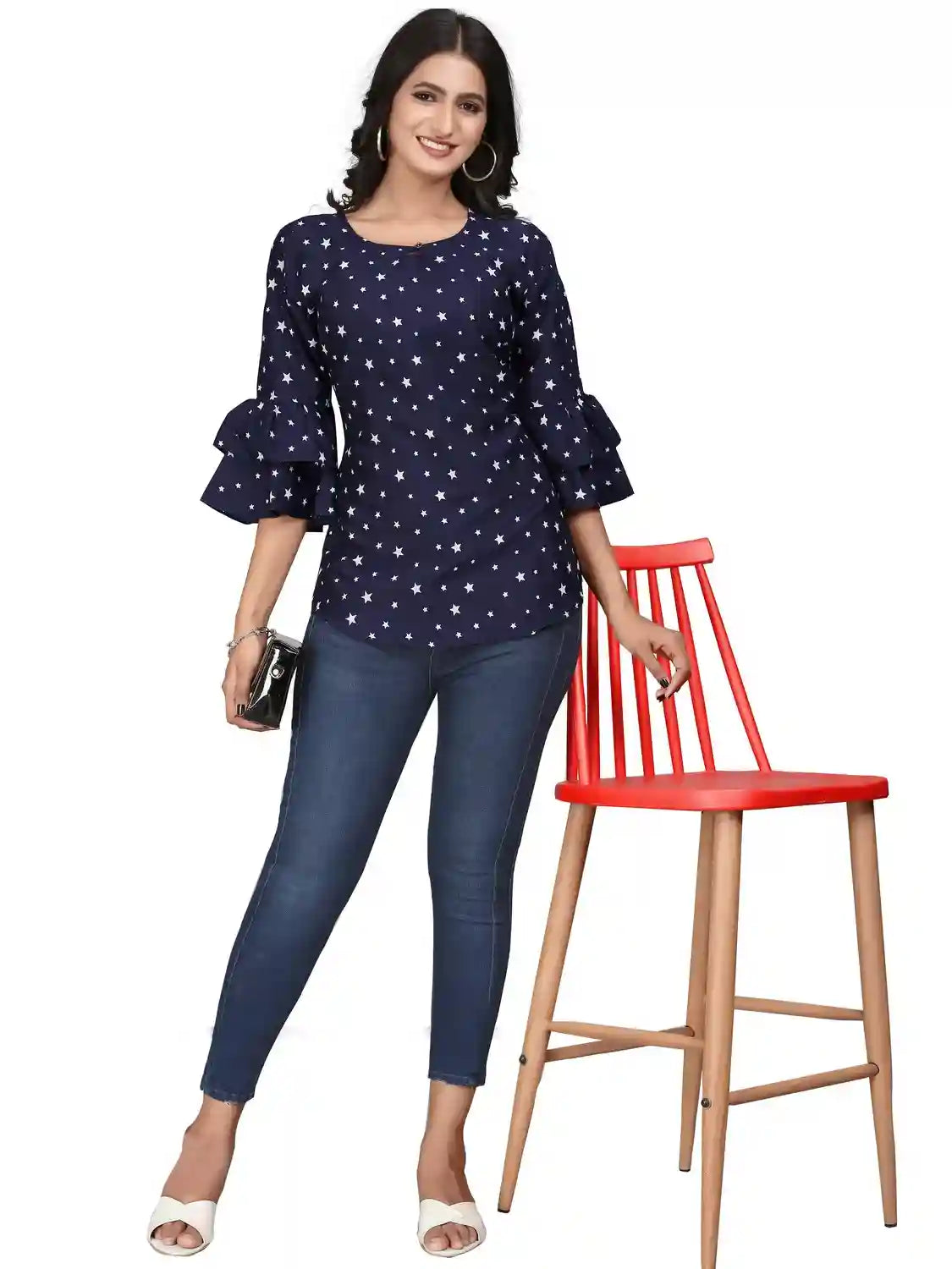 multi colour printed crepe top with bell sleeves & keyhole neck – stylish casual & party wear