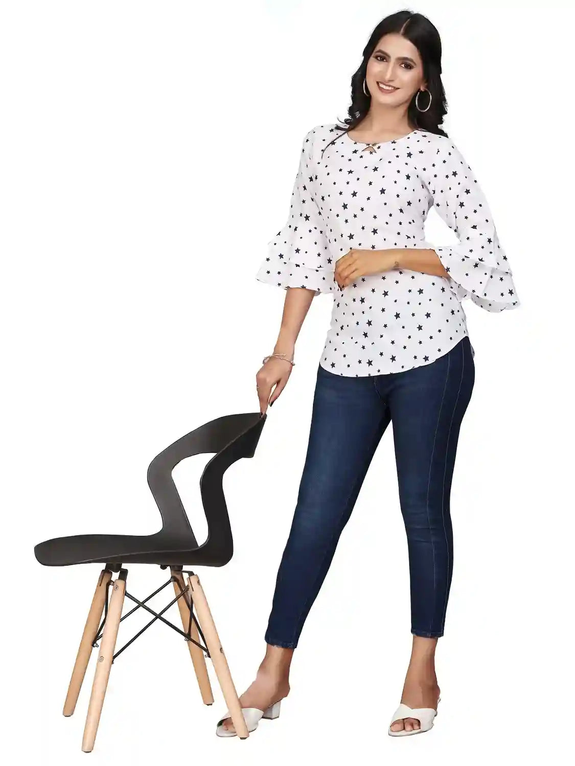 multi colour printed crepe top with bell sleeves & keyhole neck – stylish casual & party wear