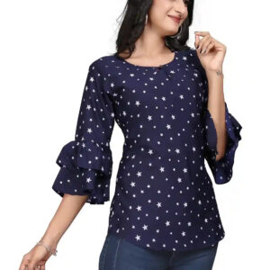multi colour printed crepe top with bell sleeves & keyhole neck – stylish casual & party wear