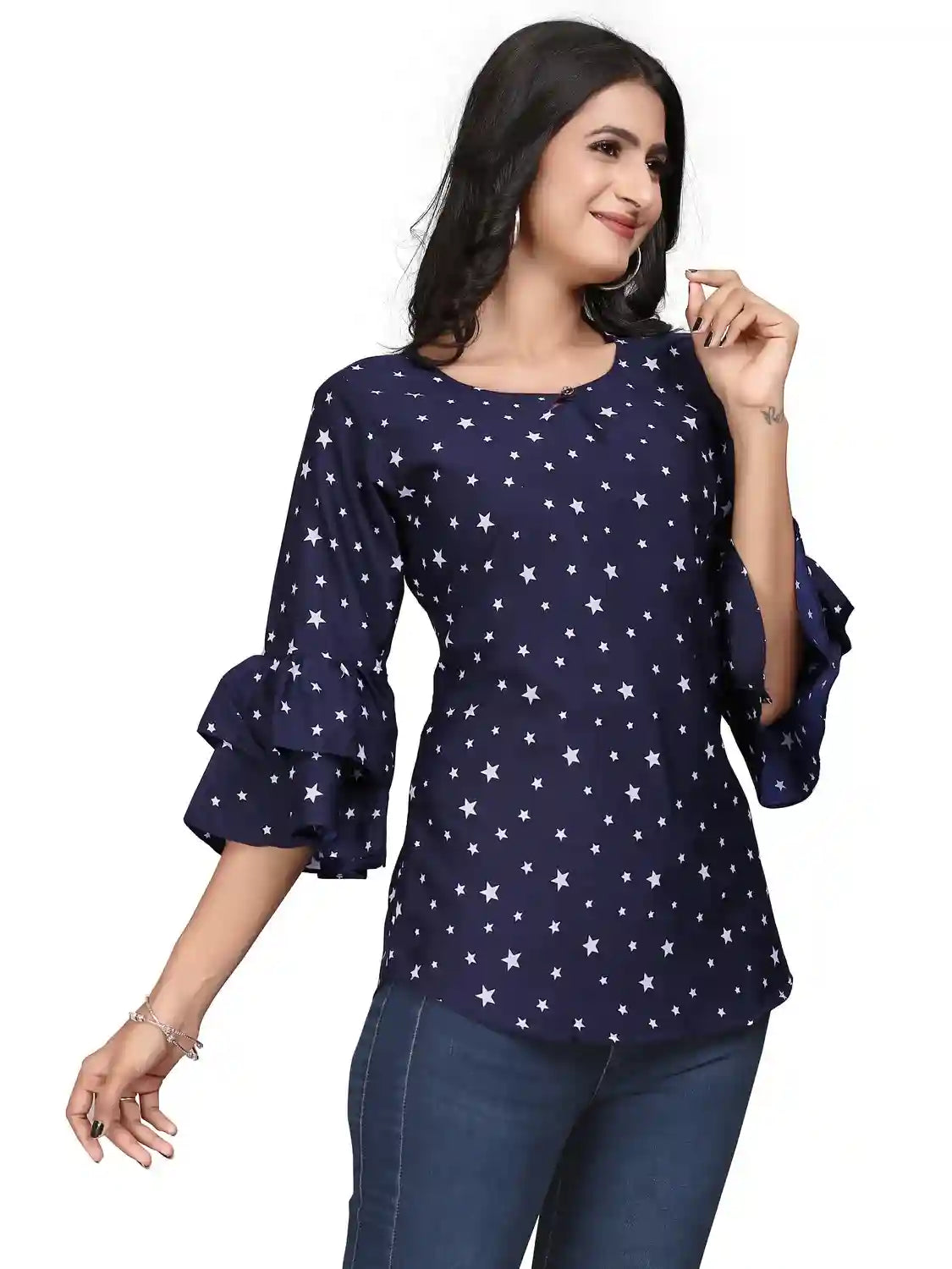 multi colour printed crepe top with bell sleeves & keyhole neck – stylish casual & party wear