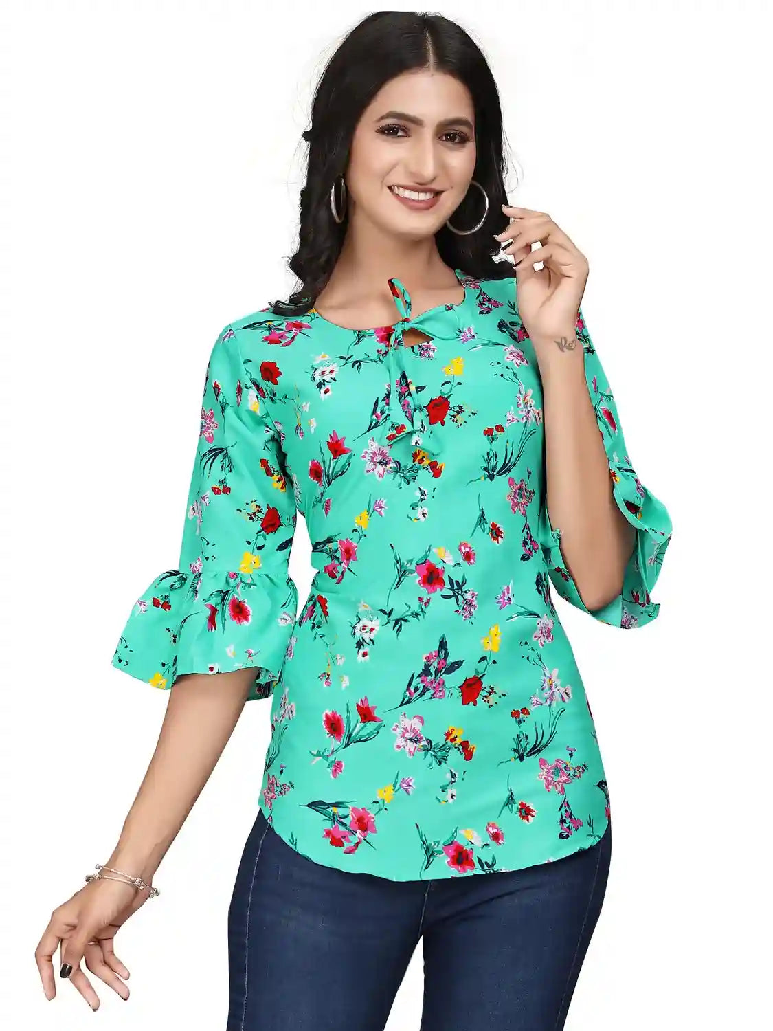 multi colour printed crepe top with bell sleeves & keyhole neck – stylish casual & party wear