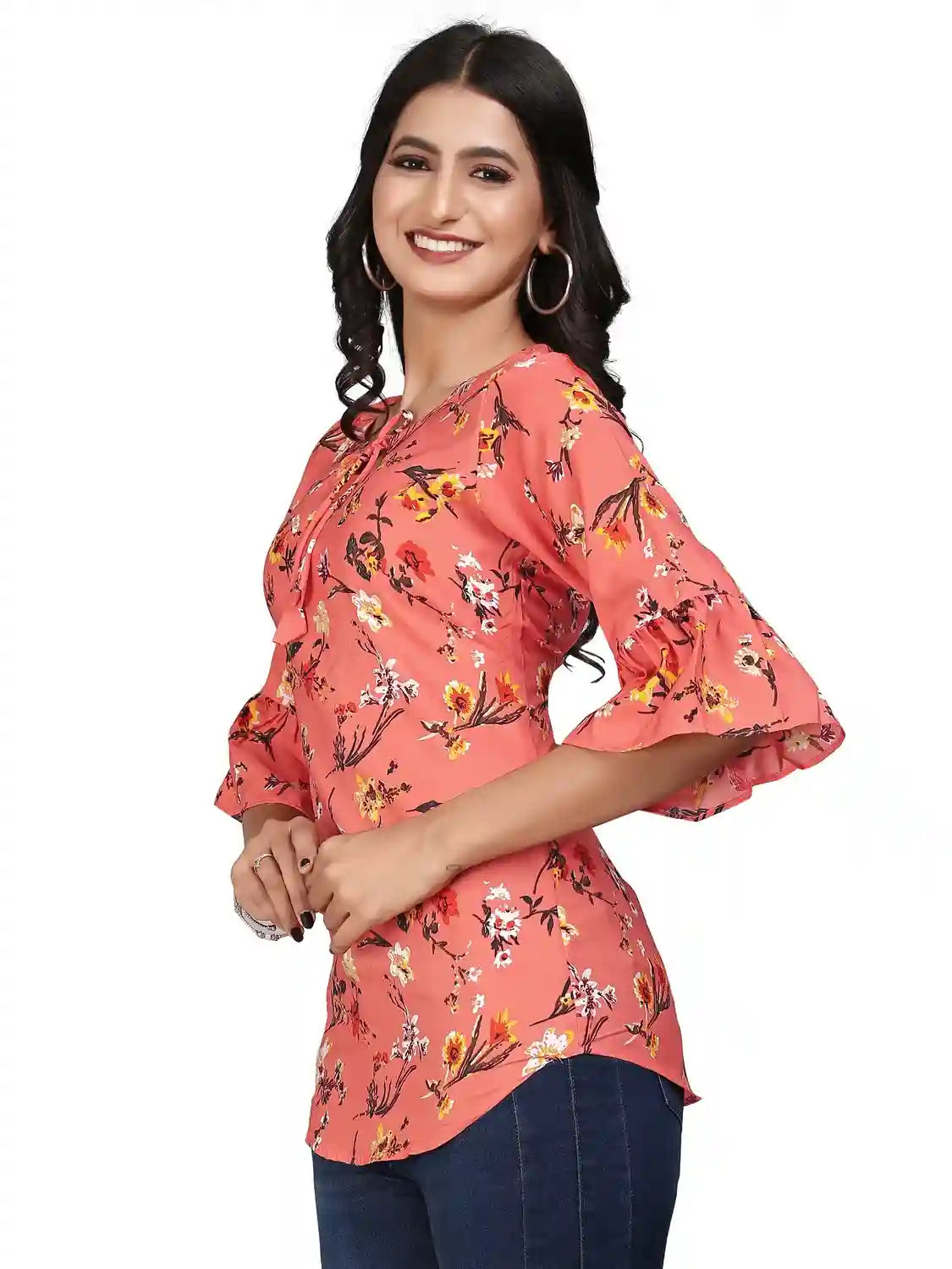 multi colour printed crepe top with bell sleeves & keyhole neck – stylish casual & party wear