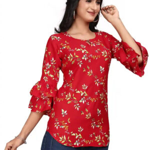 multi colour printed crepe top with bell sleeves & keyhole neck – stylish casual & party wear