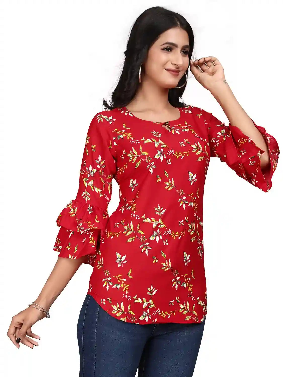 multi colour printed crepe top with bell sleeves & keyhole neck – stylish casual & party wear