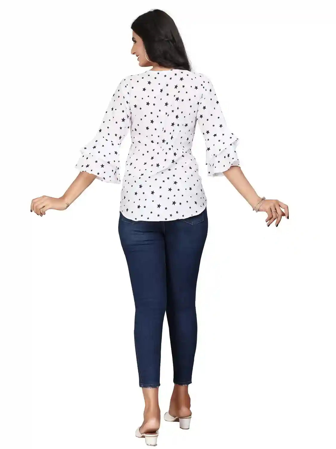 multi colour printed crepe top with bell sleeves & keyhole neck – stylish casual & party wear