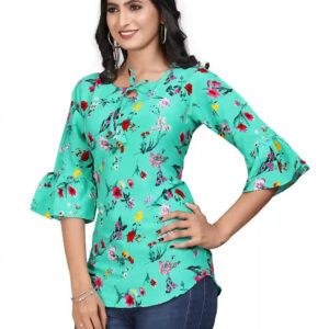 multi colour printed crepe top with bell sleeves & keyhole neck – stylish casual & party wear