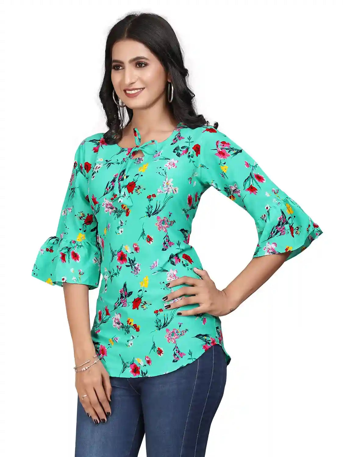 multi colour printed crepe top with bell sleeves & keyhole neck – stylish casual & party wear