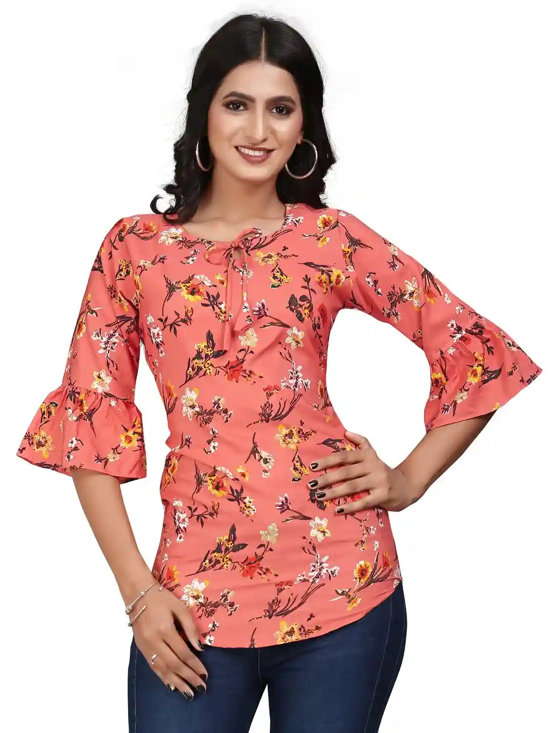multi colour printed crepe top with bell sleeves & keyhole neck – stylish casual & party wear