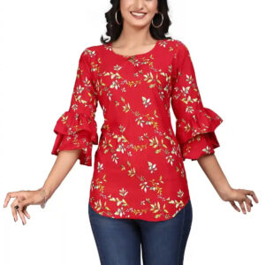 multi colour printed crepe top with bell sleeves & keyhole neck – stylish casual & party wear