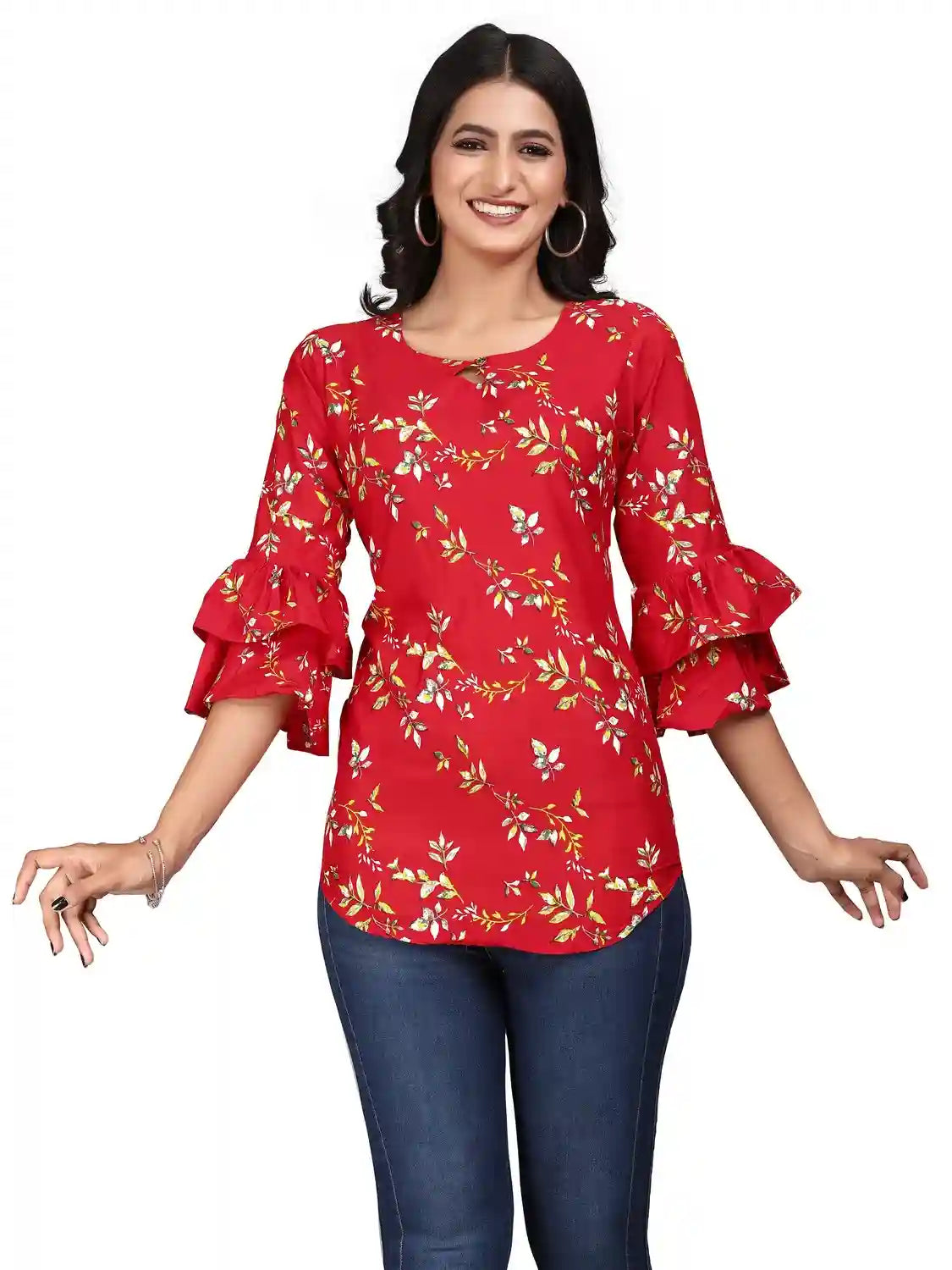 multi colour printed crepe top with bell sleeves & keyhole neck – stylish casual & party wear
