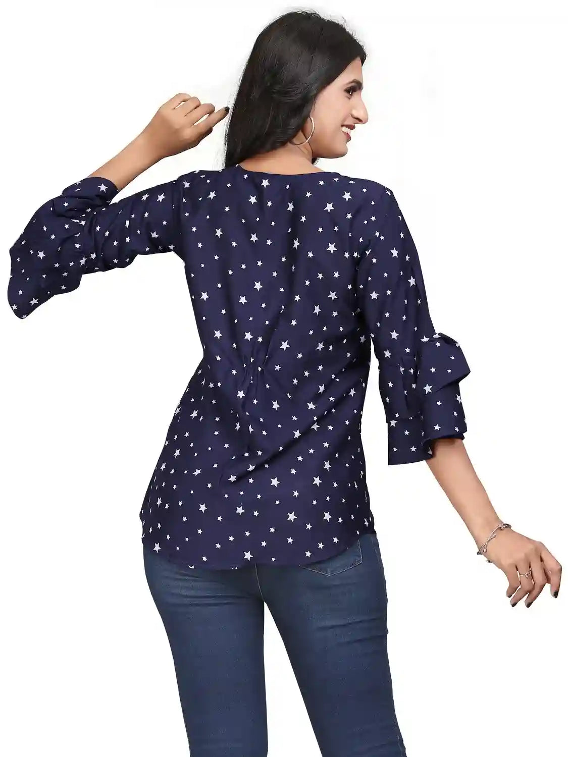 multi colour printed crepe top with bell sleeves & keyhole neck – stylish casual & party wear