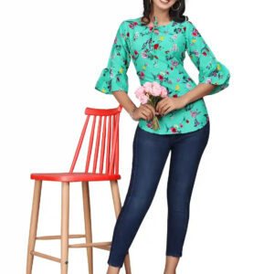 multi colour printed crepe top with bell sleeves & keyhole neck – stylish casual & party wear