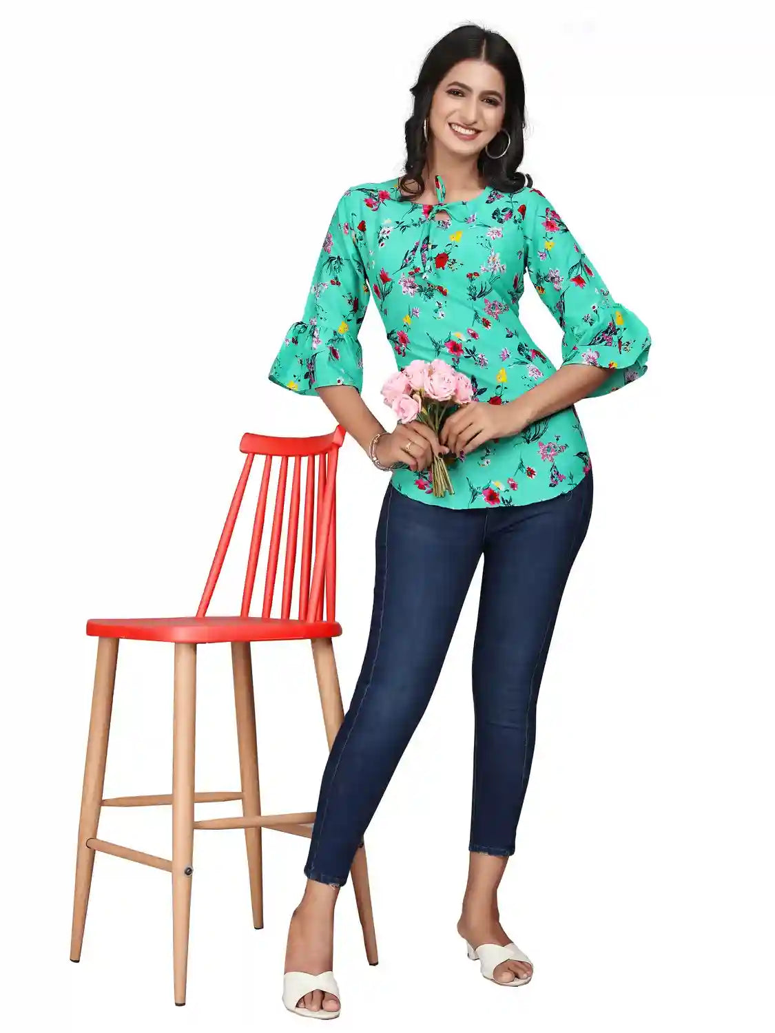multi colour printed crepe top with bell sleeves & keyhole neck – stylish casual & party wear