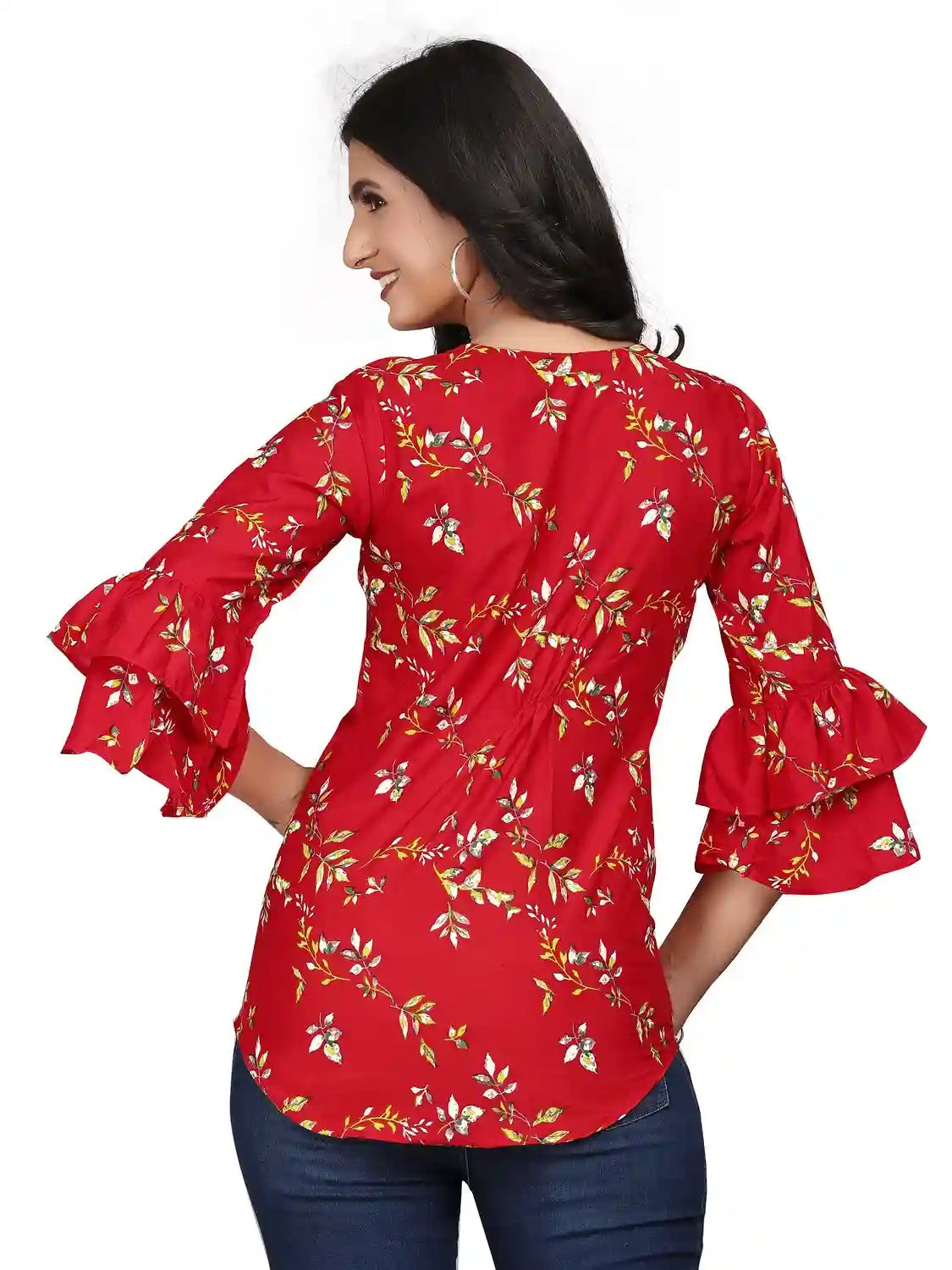 multi colour printed crepe top with bell sleeves & keyhole neck – stylish casual & party wear
