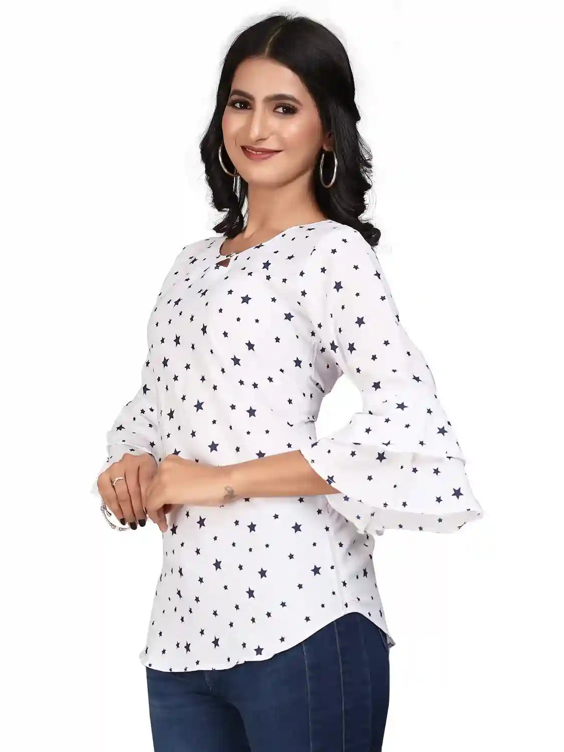 multi colour printed crepe top with bell sleeves & keyhole neck – stylish casual & party wear