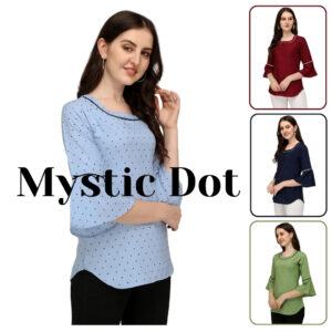 women's crepe bindi dot bell sleeve top – stylish hip length casual & party wear