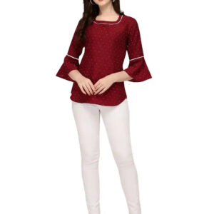 women's crepe bindi dot bell sleeve top – stylish hip length casual & party wear