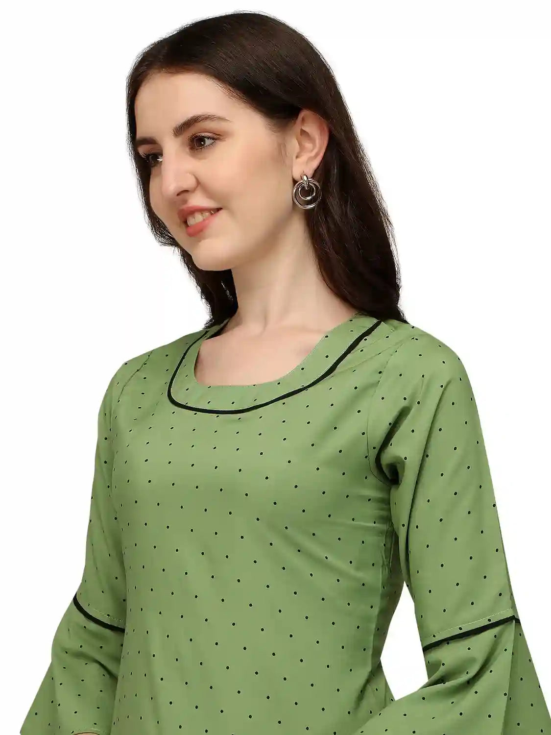 women's crepe bindi dot bell sleeve top – stylish hip length casual & party wear