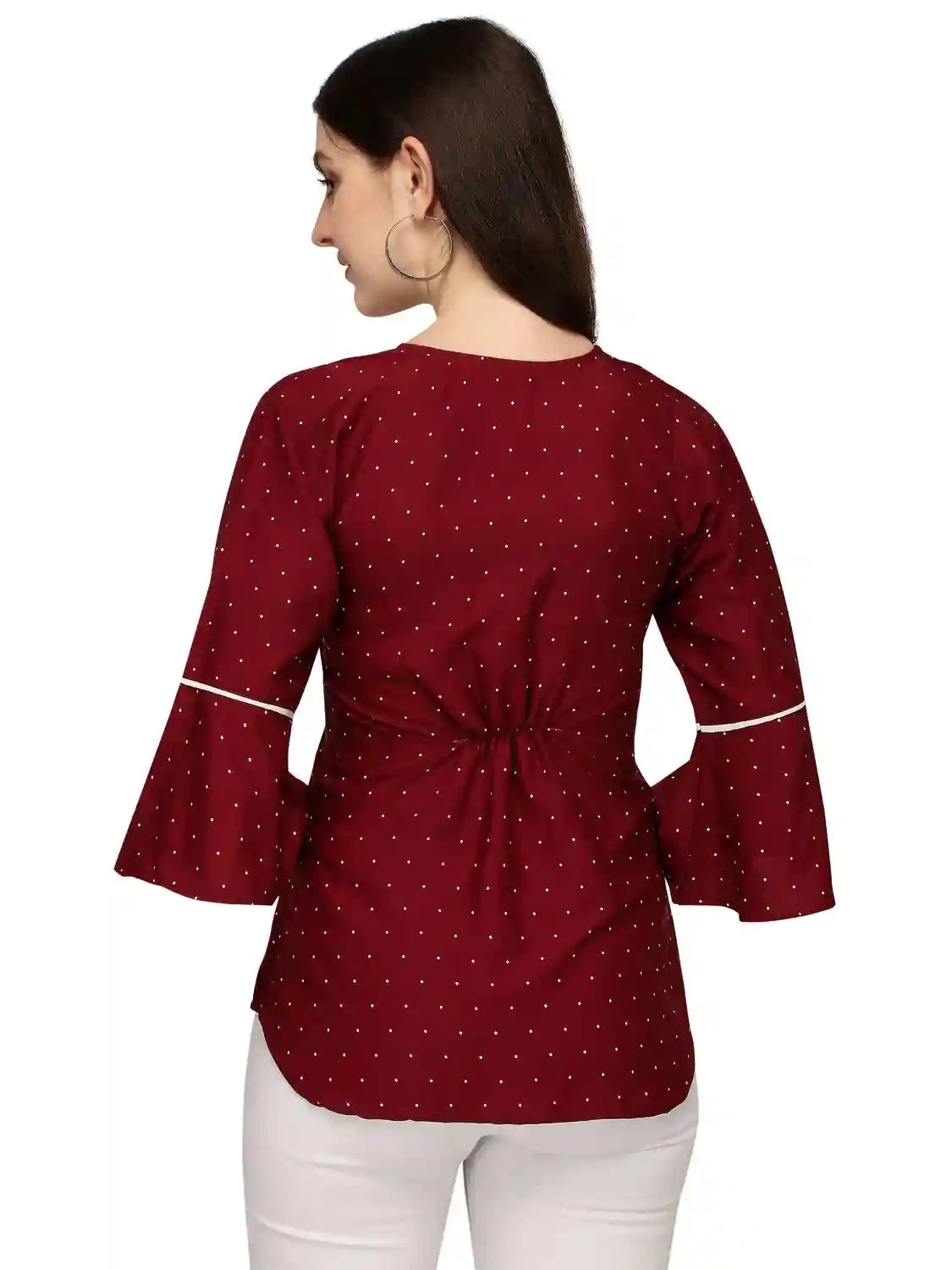 women's crepe bindi dot bell sleeve top – stylish hip length casual & party wear