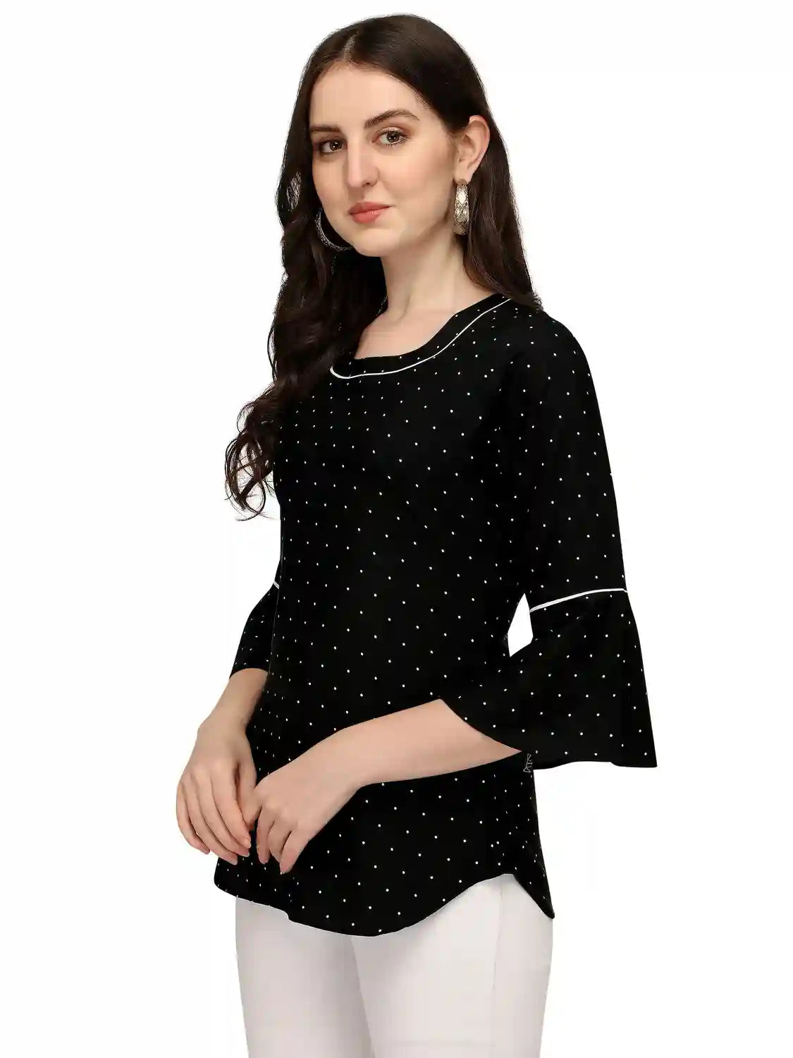 women's crepe bindi dot bell sleeve top – stylish hip length casual & party wear