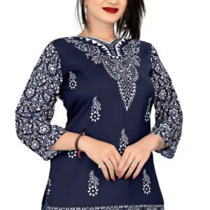 blue ethnic cotton print tunic top for women