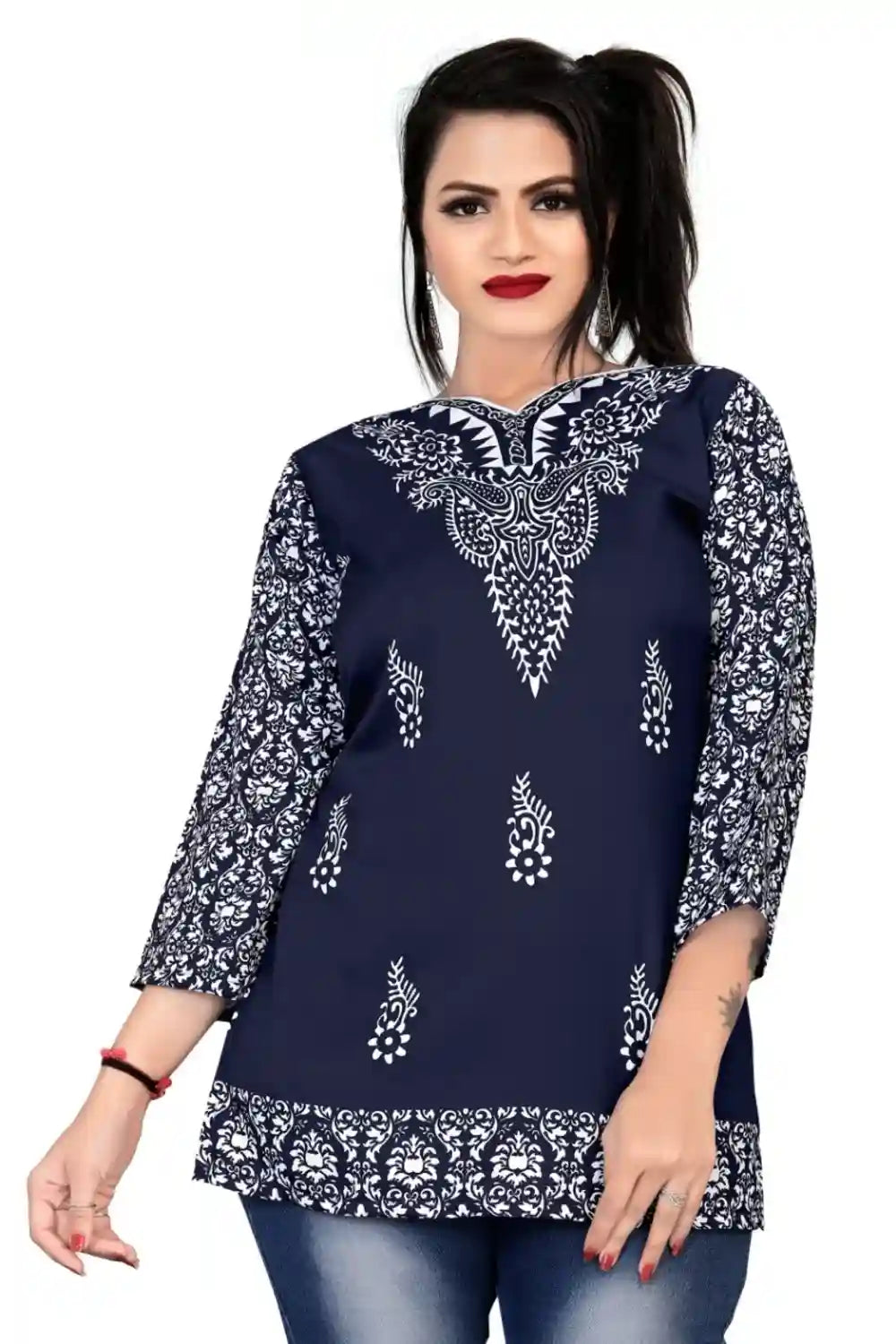 blue ethnic cotton print tunic top for women