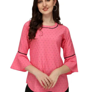 pink stylish polka dot bell sleeve crepe daily wear tunic tops